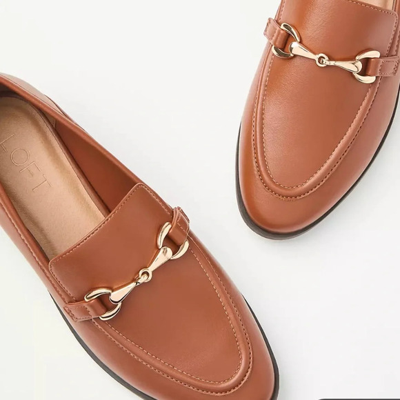 LOFT Classic Gold Horsebit Faux Leather Loafers in Neutral Cognac - 9 & 9.5 - Picture 1 of 10